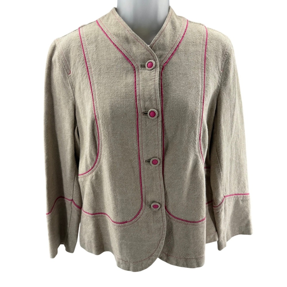 Sigred Olsen Beige Linen Cotton Blend Blazer Pink Piping Floral Lining Size 8